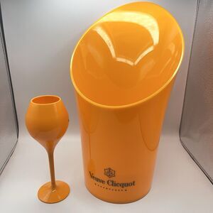 VEUVE CLICQUOT Champagne New Orange Acrylic Magnum Ice Bucket 15" Plus One Glass